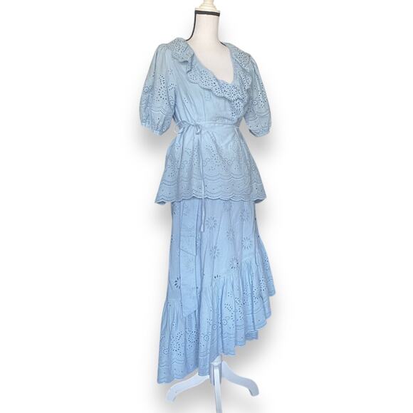 Roller Rabbit Eyelet Lace Wrap Skirt Puff Sleeve Blouse Sz S Light Blue - Picture 6 of 16